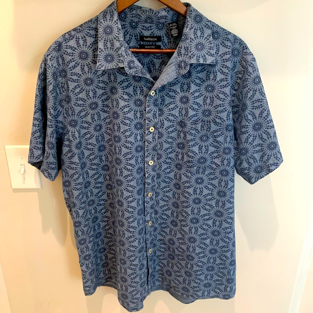 Men’s Slim Fit Button Down 100% Cotton Denim Blue Sunburst Shirt Size XL